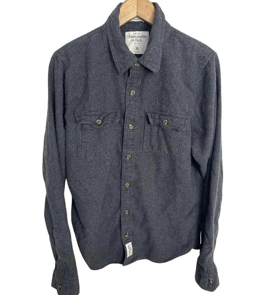 Abercrombie Fitch Muscle Men’s Gray Flannel Button Down Shirt Size XL - Image 2 of 4