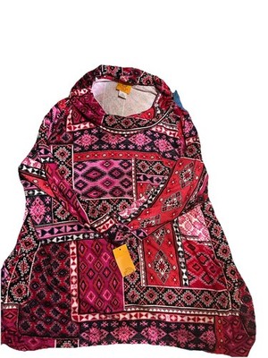 Ruby Rd. Womans Sz 1X  Blouse Red Pink 3/4 Sleeve Knit  Cowl Neck Must Have II
