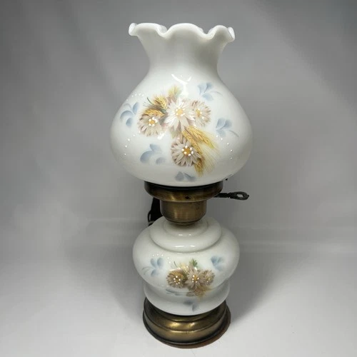 Vintage Milk Glass Hurricane Lamp Hand Painted Wheat Design Brass Base Table