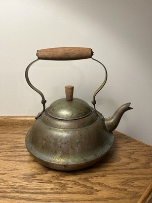 Old Dutch Vintage Brass & Copper Tea Pot With Wooden Handle Made Old Dutch Vintage Brass & Copper Tea Pot With Wooden Handle Made