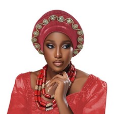 Rhinestone Wedding Party African Nigerian Bonnet Cap Women Headtie Headwear Hat