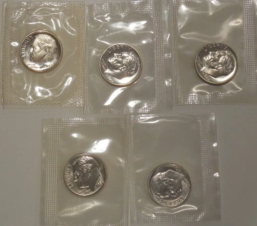 PROOF 1964 ROOSEVELT Dimes Lot of five 90% SILVER $.50 Face