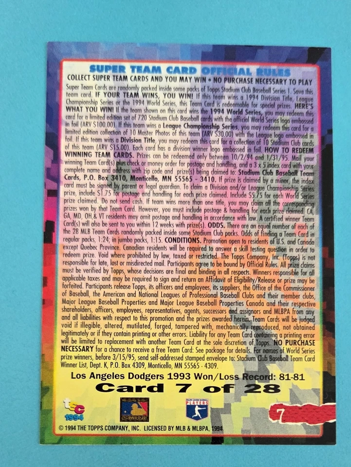 1994 Stadium Club Super Teams #7 Mike Piazza LA Dodgers BASEBALL Card 7F - Image 2 of 2