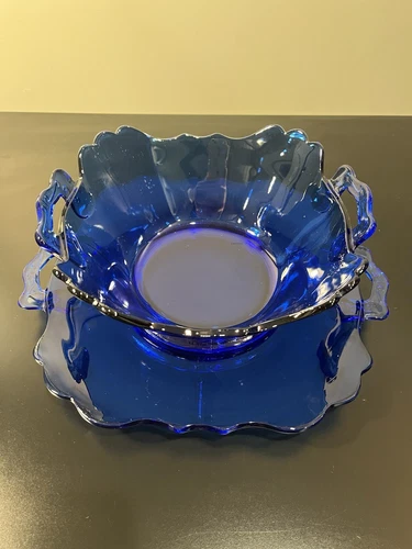 L. E. Smith cobalt blue depression, glass under plate and bowl.