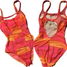 Colorful 80s pink and orange one piece bathing suit by Christina Sz S