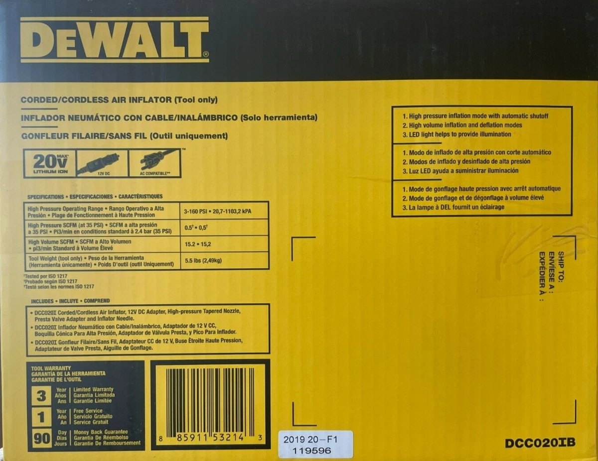 DeWalt DCC020IB 20V High Pressure Corded Cordless Air Inflator