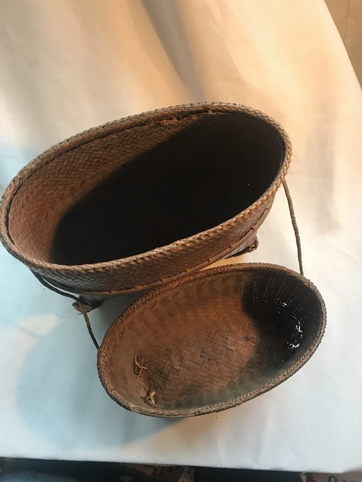 Antique Early Asian Pacific Philippines Artesanial Basket w/Wood Cover & Base - Image 4 of 4