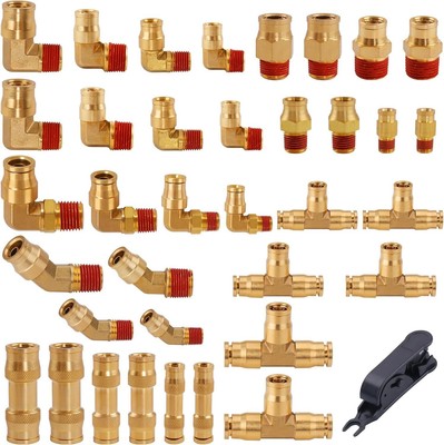 37Pcs Brass DOT Air Brake Line Fittings Assortment Kit 1/4'' 3/8'' 1/2'' Push to Co