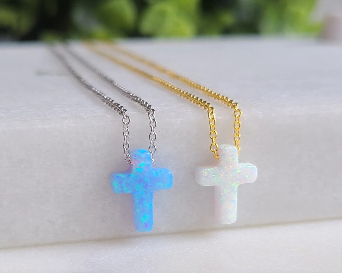 Women Mini Blue Opal Cross Dainty Mini Christian Pendant Necklace Silver  Chain