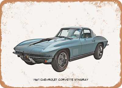 Classic Car Art - 1967 Chevy Corvette Stingray Pencil Sketch - Rusty Metal Sign