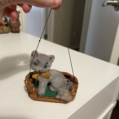 West Germany Wagner Kunsterschutz Gray Flocked Cat Sitting In Basket Ornament