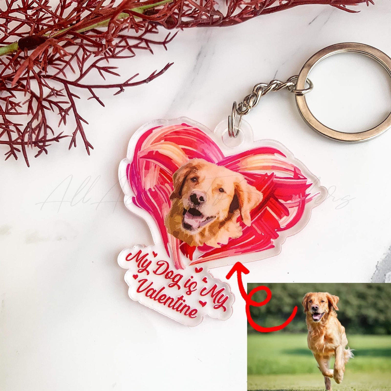 My Dog is My Valentine Keyring  Personalized Pet Doodle Keychain  Heart