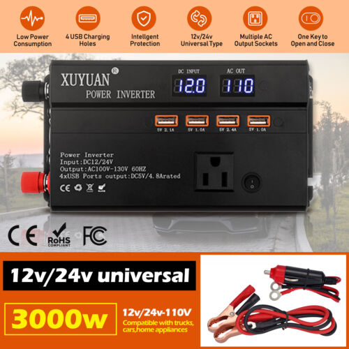 3000W Car Power Inverter DC 12V To AC 110V Pure Sine Wave Solar Converter LCD US - Picture 1 of 13