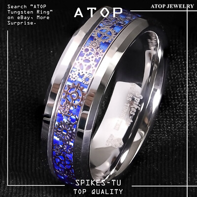 8mm Tungsten Ring ATOP Wedding Band Steampunk Clockwork Gears Blue Carbon Fiber