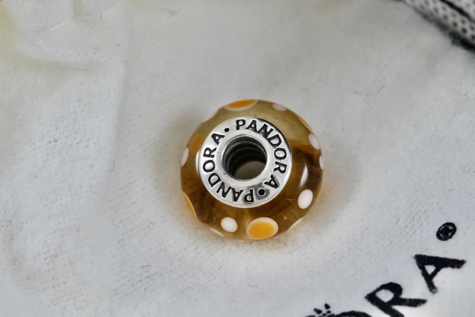 Pandora Plata Esterlina Vidrio Murano Amarillo Lunares Dije Cuentas Retirado Foto 3 de 4