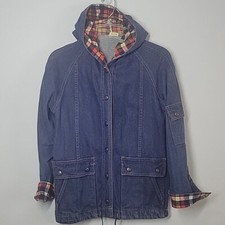 Vintage denim chore jean jacket flannel plaid hood 1970s 80s vibe small