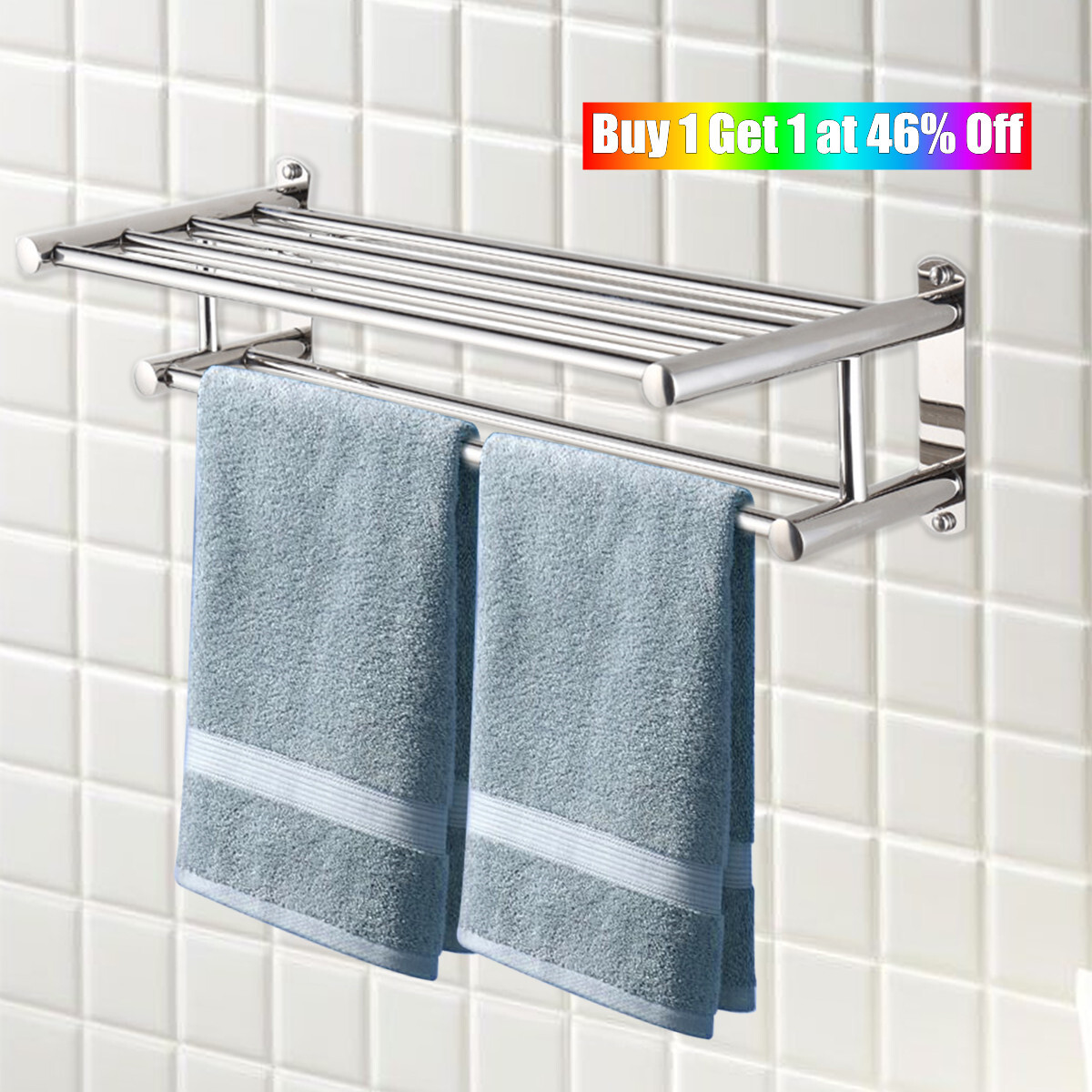 Double Chrome Towel Rail Holder Wall Mounted Bathroom Rack Shelf Stainless  Steel | eBay
