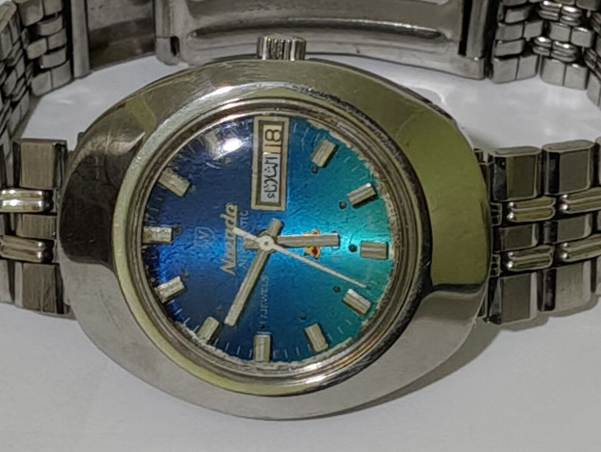 RARE NIVADA 101 AUTOMATIC 91454 BLUE DIAL VINTAG SWISS STAINLESS