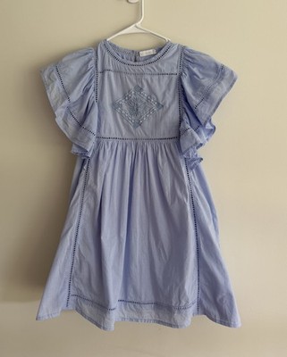Mango Girls Blue Ruffled Lightweight Cotton Embroidered Dress 11 Years