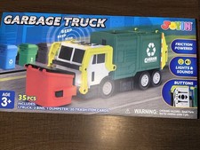 Large Friction Powered Garbage Truck Toy Set, Includes Dumpster, Trash Bins