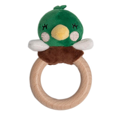 Mallard Duck Wooden Baby Teether   Soft Plush Lovey with Natural Wood Rattle Rin
