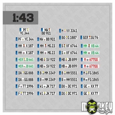 MONKEY SIGNS Nummernschilder 1:43 Modellbau Aufkleber – 18 Paar Kennzeichen Set - LKW & Auto