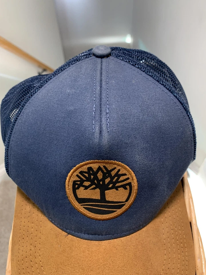 Gorra Timberland Gorra A Presión Azul Marino Marrón Camionero Malla Parche Gamuza Ala Para Hombres Foto 3 de 4