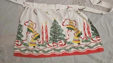 VTG KITCHEN HALF APRON CHRISTMAS CANDLES TREES BELLS BORDER FABRIC LQQK WOW EUVC