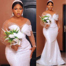 Plus Size White Mermaid Wedding Dress Beaded Crystals Sequined Luxurious Bridal