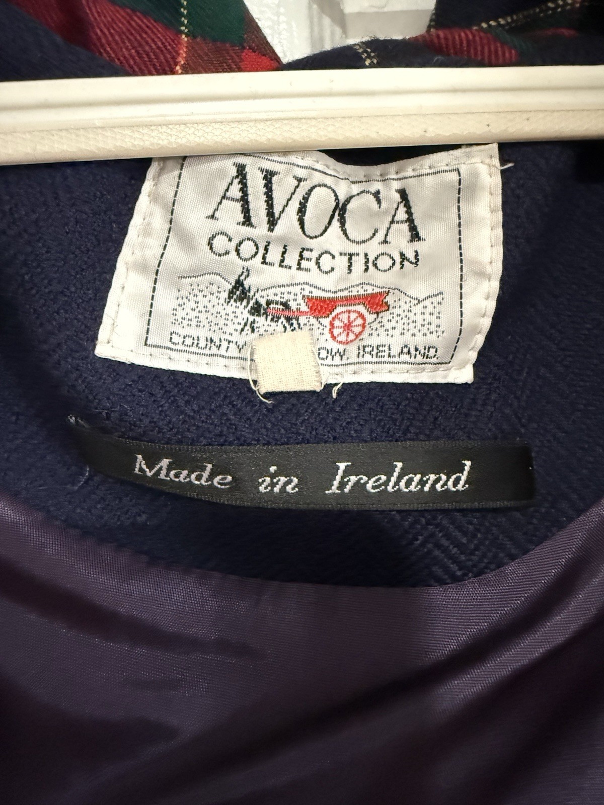 Avoca Collection Wool Long Navy Hooded Coat Medium Vintage  Ireland Irish Tartan