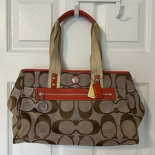 Coach Brown, Red and Cream Logo Print Shoulder Bag