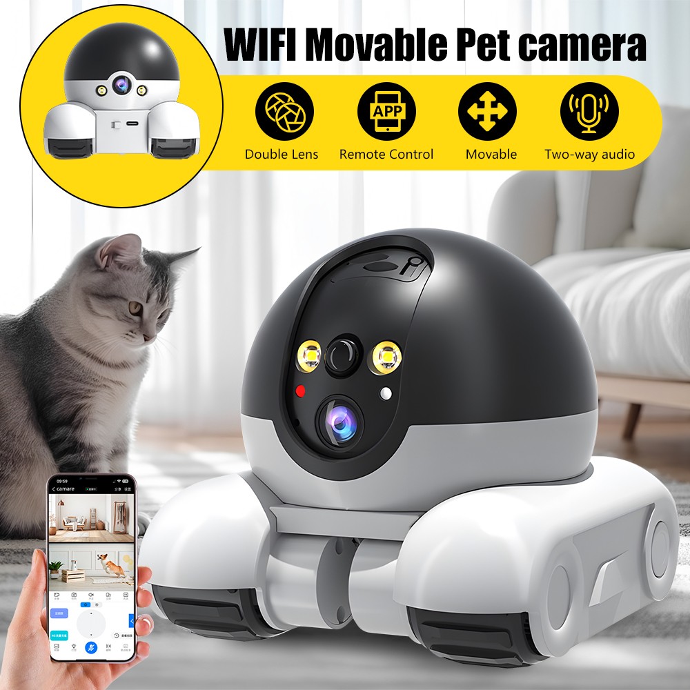Pet Camera Robot Wireless 1080P Movable Duel Lens Pet Camera Battery-Powered US-image