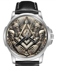 Freimaurer Quadratisch und Kompass 4 Lederarmband Big Ziffernblatt Armbanduhr