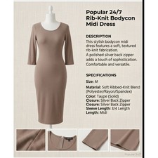 Popular Basics Brown Knit Stretch Bodycon V-Neck Zip Front 3/4 Sleeve M