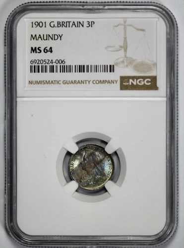 1901 Great Britain Maundy 3P Threepence NGC MS 64 Jewel Toned