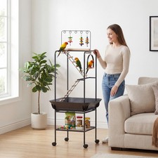 PawHut 64"H Rolling Bird Playground Parrot Stand with Seed Guard Wheels
