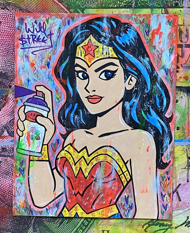 WILL STREET original painting 11x14/ wonder woman art graffiti outsider dc pop