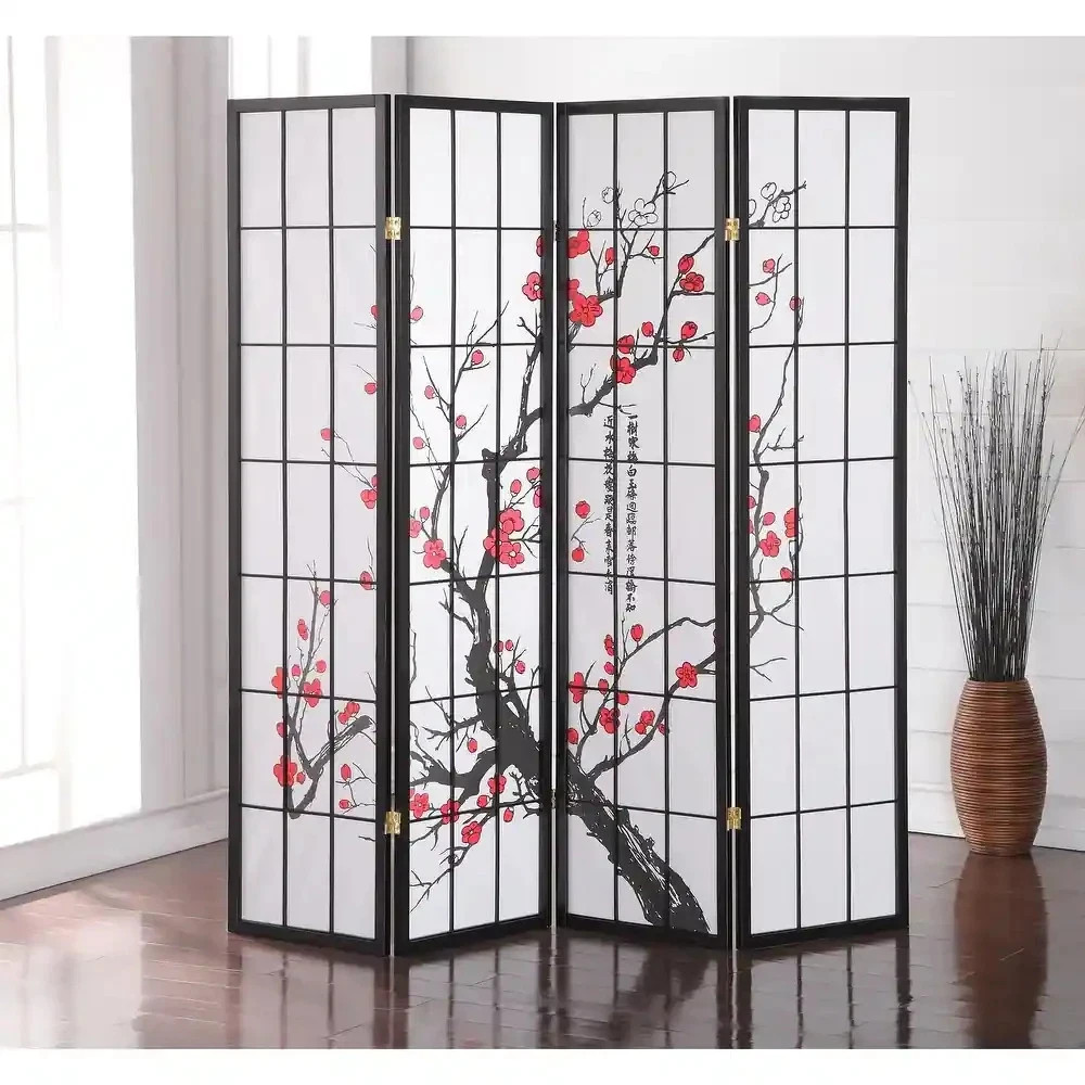 Roundhill Furniture Japanese 4-Panel Screen Room Divider, Plum Blossom -Black