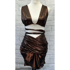 Pretty Little Thing Brown Bodycon Dress Size 6 Shiney Wrap Around Bra Top BNWT