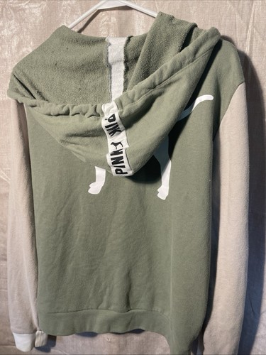Victoria's Secret Pink Hoodie Womens S Green Wht Dog Logo Full Zip Jacket Terry - Picture 5 of 8