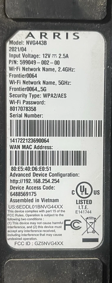 Módem router ARRIS Frontier NVG443B doble banda Wi-Fi DSL unidad de trabajo solo B Foto 2 de 3