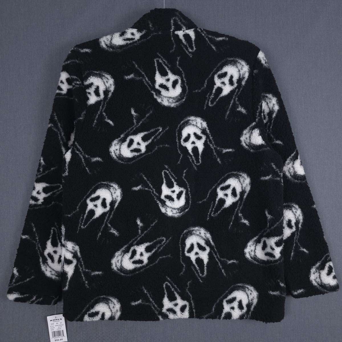 Scream Ghost Face Sherpa Jacket Mens Large Black Fleece All Over