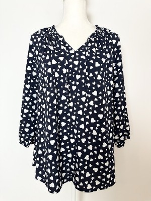 Croft & Barrow Womens Blouse L Navy Blue White Hearts Ruffle V Neck 3/4 Sleeve