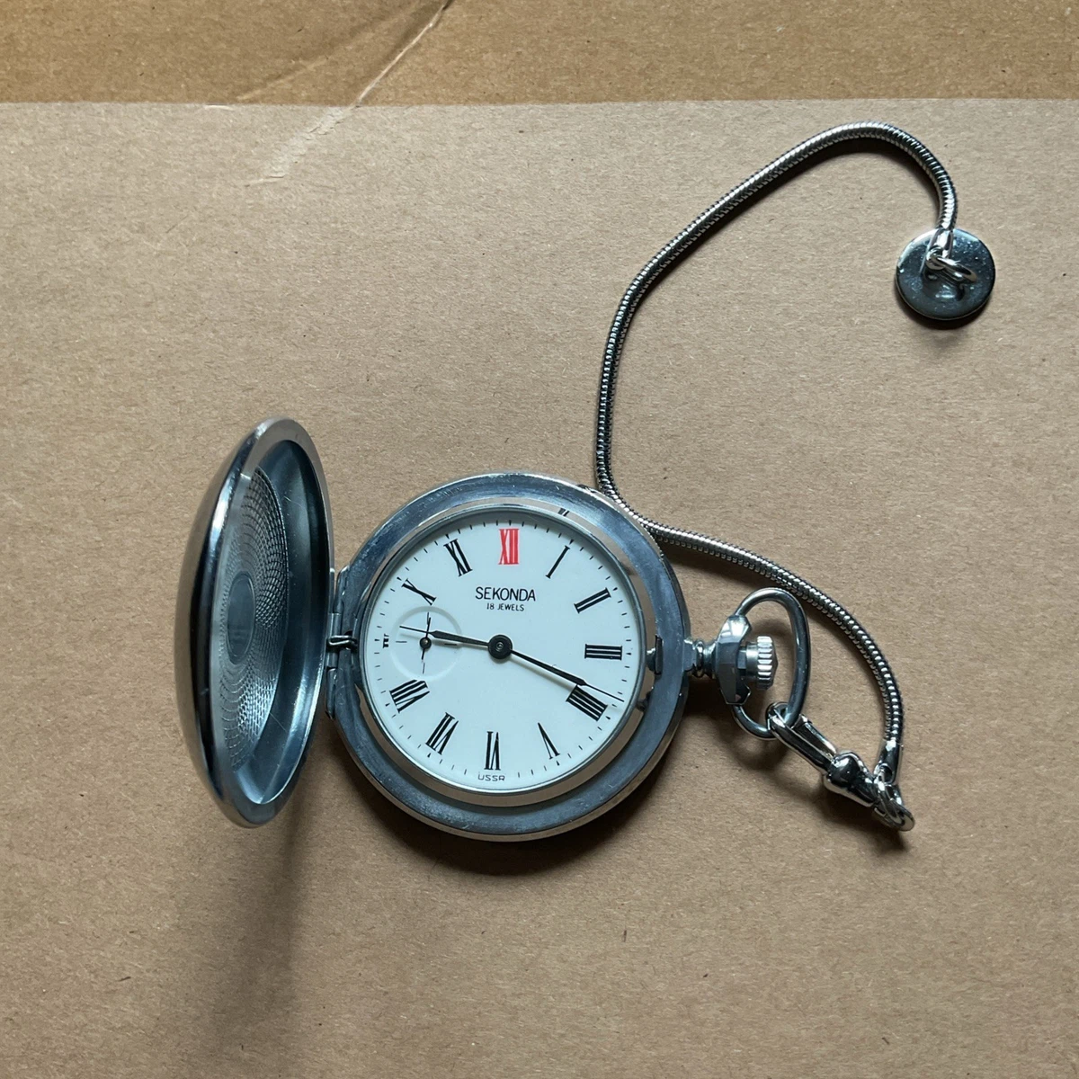 Reloj Bolsillo Sekonda URSS Full Hunter 18 Joyas con Cadena Funciona Bien