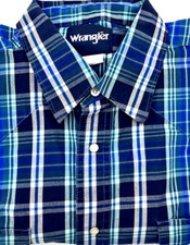Wrangler Pearl Snap Shirt Mens XL Blue Plaid Short Sleeve Work Rodeo 2 Pocket