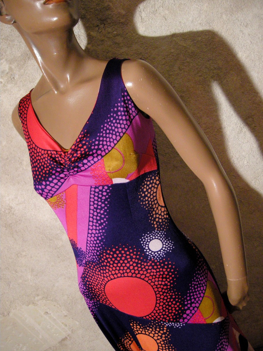 Robe Longue Vintage 1970 - Style 70s Graphique - Taille 36 - État Très Bon