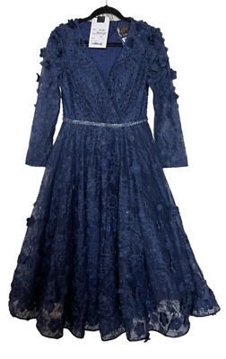 mac duggal blue lace dress Blue Queen Anne Lace Long Sleeve V-Neck Trumpet Gown