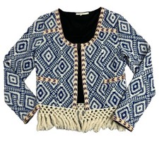 Tularosa Jacket Women’s Santa Fe Fringe Sweater Crochet Blue Ivory Boho Sz Small
