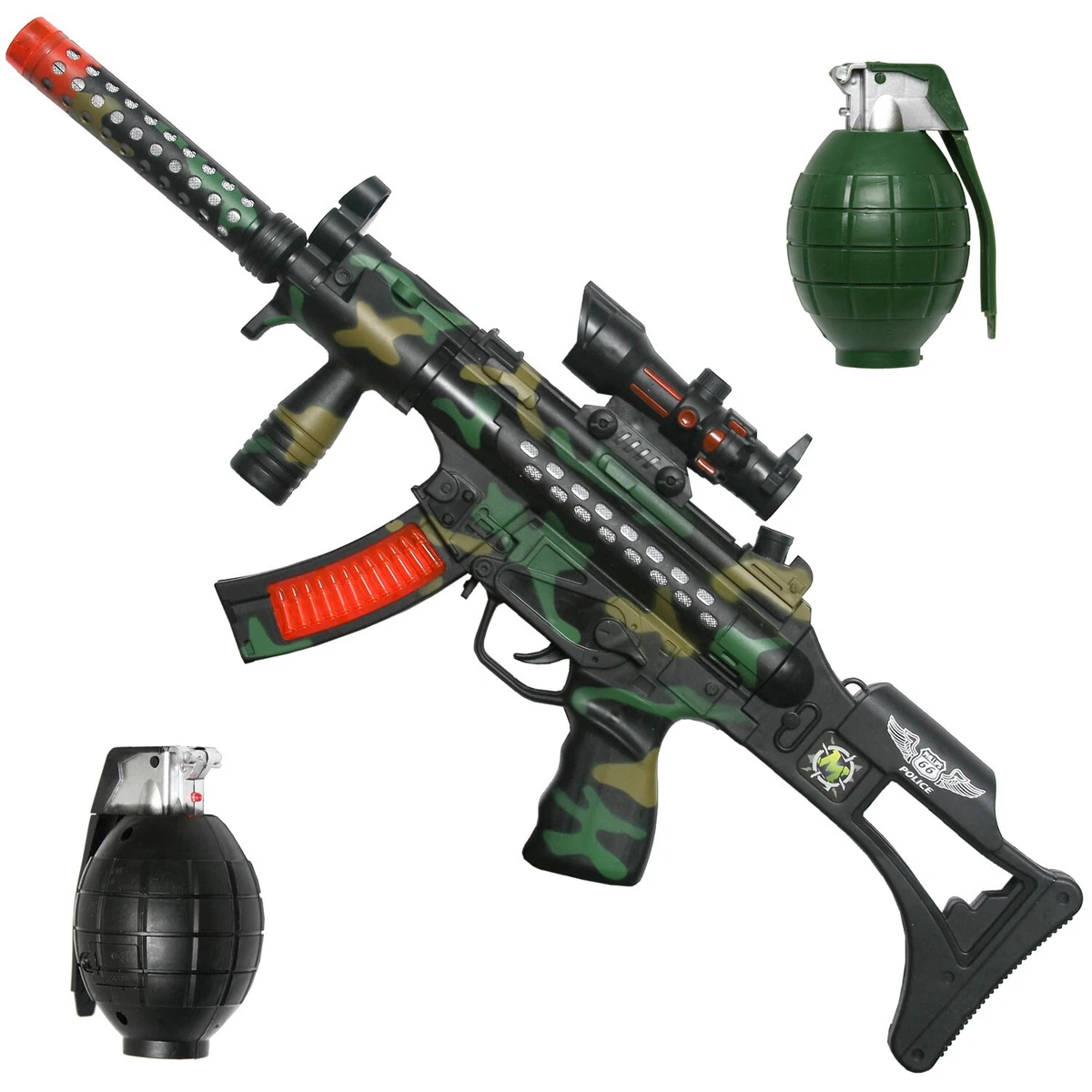 Machine Gun Toy 2 Grenades FX Realistic Loud Sounds Lights