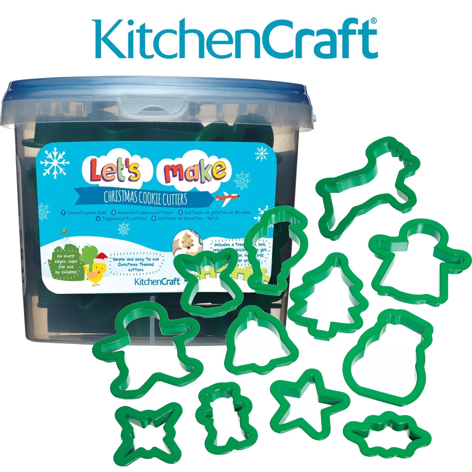Christmas Cookie Cutters Set Biscuit Pastry Baking Storage Tub Tree Snowman Star